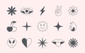 Vector set of linear fun patches,stickers,geometric shapes in 90s style.Kid core icons or symbols in y2k aesthetic