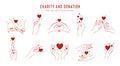 Vector set of linear holding hands gestures, logo design template for charity and donation concepts. Love and friendship