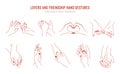 Vector set of linear holding hands gestures, logo design template. Love and friendship hands for tattoo, print and
