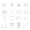 Vector set of linear icons of confectionery. Icons of cakes, pastries, cookies on a white background.Vector illustration