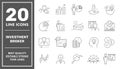 Vector set of linear icons related to investment broker, trade service, investment strategy and management. Mono line pictograms