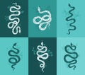 Vector set of linear mystical icons and symbols of snakes with plants. Interior posters in trendy abstract style.