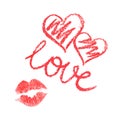 Vector set of lipstick drawn hearts and kiss