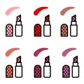 Vector set of lipstick icons in different colors. 6 lipstick icons in linear style with black stroke isolated on white