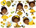Vector Set with Little African American Girls, Bees, Honey, Balloons and Flowers Royalty Free Stock Photo