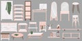 Vector set of living room with stylish cozy furniture and modern home decorations in trendy Scandinavian style. Flat cartoon Royalty Free Stock Photo
