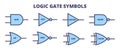 Vector set of logic gate symbols, symbols for logic gates. Line or outline blue icons isolated on white. Digital logic gates.