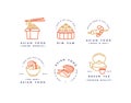 Vector set of logo design templates and emblems or badges. Asian food - noodles, dim sum, soup, sushi. Linear logos. Royalty Free Stock Photo