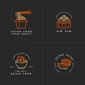 Vector set of logo design templates and emblems or badges. Asian food - noodles, dim sum, soup, sushi. Linear logos Royalty Free Stock Photo