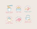 Vector set of logo design templates and emblems or badges. Asian food - noodles, dim sum, soup, sushi. Linear logos. Royalty Free Stock Photo