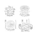 Vector set of 4 logos for catering services. Sketch emblems with vegetables, tasty pizza, English breakfast, wine bottle