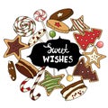 Vector set of lollipops, candies and cookies for Christmas with a sign Sweet wishes