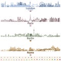 Abstract vector set of London, Paris, Berlin and Rome city skylines in bright color palettes Royalty Free Stock Photo
