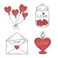 Vector set with love items isolated on a white background. Valentines collection with hearts, letter, jar, candle
