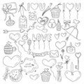 Vector set with love romantic elements: hearts, flask with love potion, envelopes, letters tag. Key, candle, balloons, cupcakes, Royalty Free Stock Photo