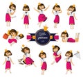 Vector set with lovely little cute girl hand drawn in various poses and situations. Charming brunette character in pink skirt, goo