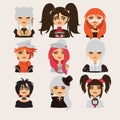 Vector set with lovely visual kei girls characters. Heads with different hairstyle, color and accessories. good for cosplay avatar Royalty Free Stock Photo