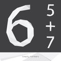 Vector set with low poly numbers 5 6 7 isolated on dark background. Grey and white digits