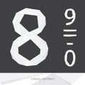 Vector set with low poly numbers 8 9 0 isolated on dark background. Grey and white digits.