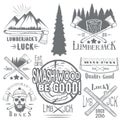 Vector set of lumberjack and woodsman vector labels in vintage style. Wood work, manufacture emblems templates. Royalty Free Stock Photo