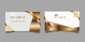 Vector set of luxury gift vouchers with ribbons and gift box. Elegant template for a festive gift card, coupon and certificate. Royalty Free Stock Photo