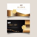 Vector set of luxury gift vouchers with ribbons and gift box. Elegant template for a festive gift card, coupon and certificate.