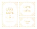 Vector set of luxury wedding invitation cards with gold gradient. Gold frame. Line art deco geometric pattern wedding