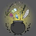 Vector set of magic items for making a magic potion with a cauldron Royalty Free Stock Photo