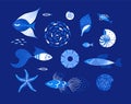 Vector set of magic underwater life. Isolated textured fish, seashells, starfish. Hand drawn clipart elements. Sea or Royalty Free Stock Photo