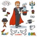 Vector set with magician and objects for magic tricks Royalty Free Stock Photo