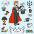 Vector set with magician and objects for magic tricks Royalty Free Stock Photo