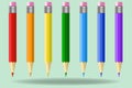 Vector set of 7 main colors rainbow colorful pencils - red, orange, yellow, green light blue blue and violet colors, with a rubber