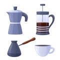 Vector set for making coffee. Cartoon illustration of a coffee maker, cezva, french press, cup. Isolated on a white background.