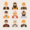 Vector set with male hipster avatars smiling and watching at spectator. Bright characters with various hairstyle and clothes.