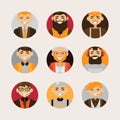 Vector set with male hipster avatars smiling and watching at spectator. Bright characters with various hairstyle and clothes in ci