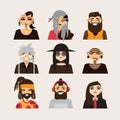 Vector set with male subcultural characters. Rasta, body modification, hipster, goth, visual kei guys. Royalty Free Stock Photo