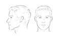 vector Set of man face portrait three different angles and turns of a male head. Close-up line sketch. Different view