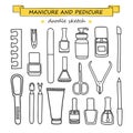 Vector set of manicure and pedicure doodle equipment. Royalty Free Stock Photo