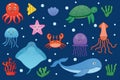 Vector set of marine life. Fish and wild marine animals. Underwater life. Cute whale, squid, octopus, stingray, jellyfish, fish, Royalty Free Stock Photo