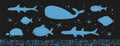 Vector set with marine life isolated on a black background. Whale, fish and turtle. Royalty Free Stock Photo
