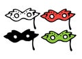 Vector set of masquerade masks in red and green colors. doodle-style carnival face mask, isolated black outline and silhouette on Royalty Free Stock Photo