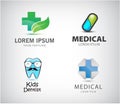 Vector set of medical logos. Pill icon, blue cross, kids dentist, pharmacy