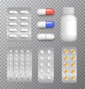 Vector set of medical pills and capsules in packs and white container isolated on transparent background Royalty Free Stock Photo