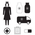 Vector set with medicine icons - nurse, ambulance, pill, prescription, cross, bottles