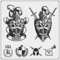 Vector set of medieval warrior knight emblems, logos, labels, badges emblems, signs and design elements.