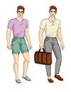 Vector set of mens stylish outfit for office, walk, and meetings in pastel palette.