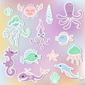 Vector set with Mermaid`s friends: octopus, dolphin, whale, sea hourse, crab.