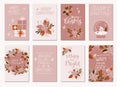 Vector set of Merry Christmas and Happy Holidays vintage hand drawn greeting cards, gift tags, postcards, posters in dusty pink Royalty Free Stock Photo