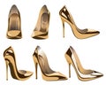 Vector set of metallic pumps. Gold high heel shoes isolated on white