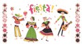 Vector set of mexico fiesta skeleton characters dancing with guitar in  flat hand drawn style isolated on white background. Royalty Free Stock Photo